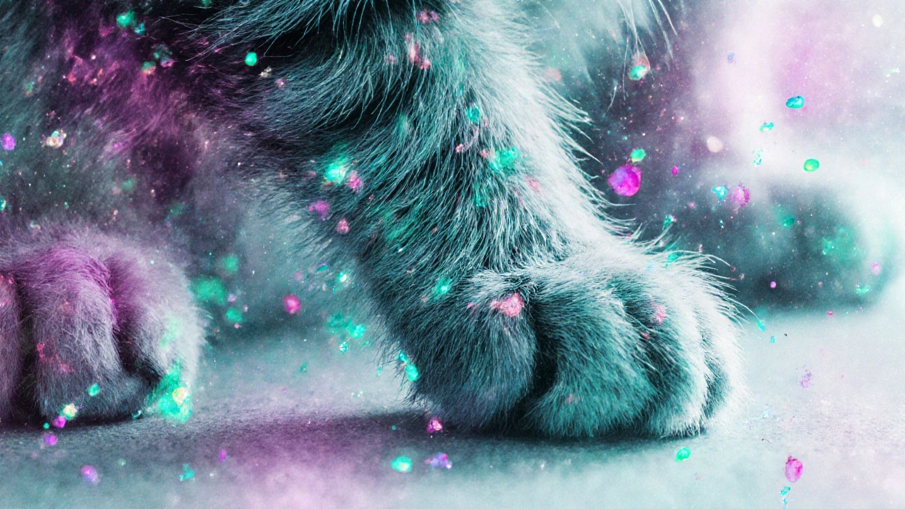 Близкий вид на шерсть кошки с изображёнными микробами.