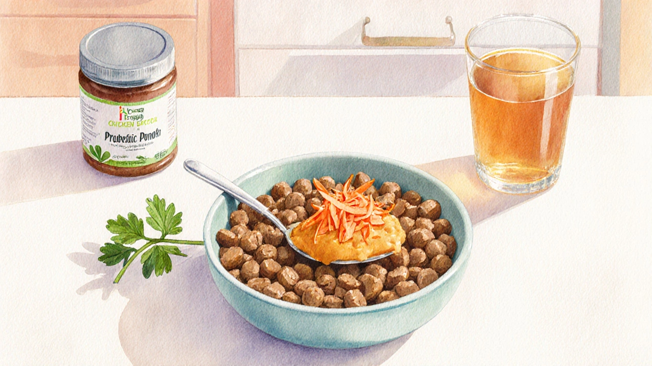 Блюдо с влажным кормом, тыквой, морковью и куриным бульоном на кухонном столе.