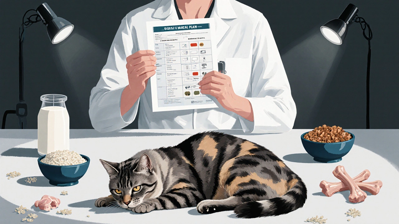 Больная кошка лежит рядом с опасными продуктами, а ветеринар держит анализ крови.