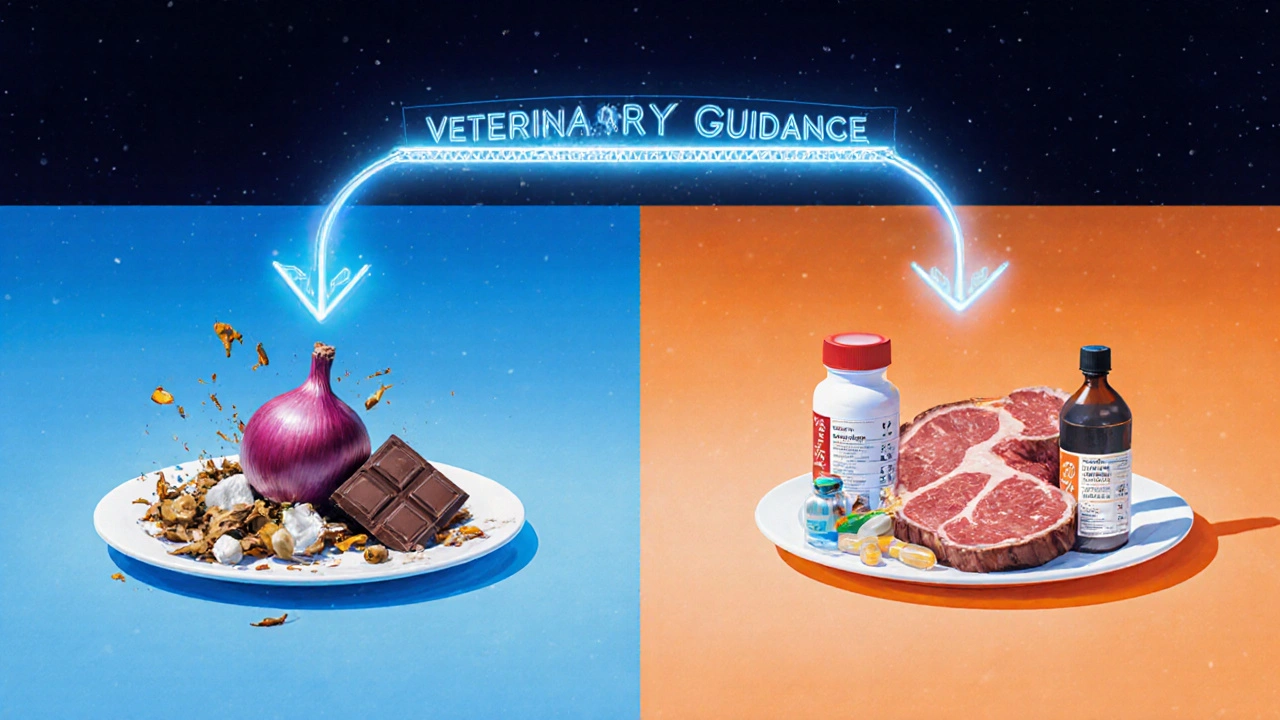 Два пути питания кошки: хаотичные остатки и сбалансированный рацион с указанием питательных веществ.