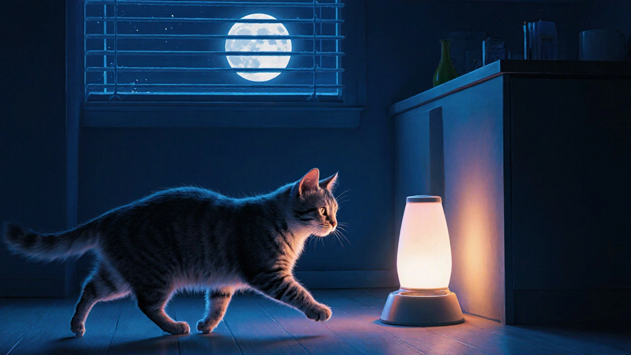 Кошка царапает стену ночью, пока автоматическая кормушка кормит вовремя.