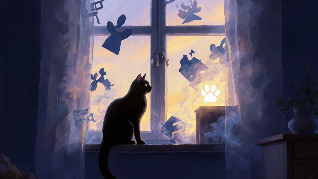 Кошка на подоконнике, вокруг неё рушится карта дома.