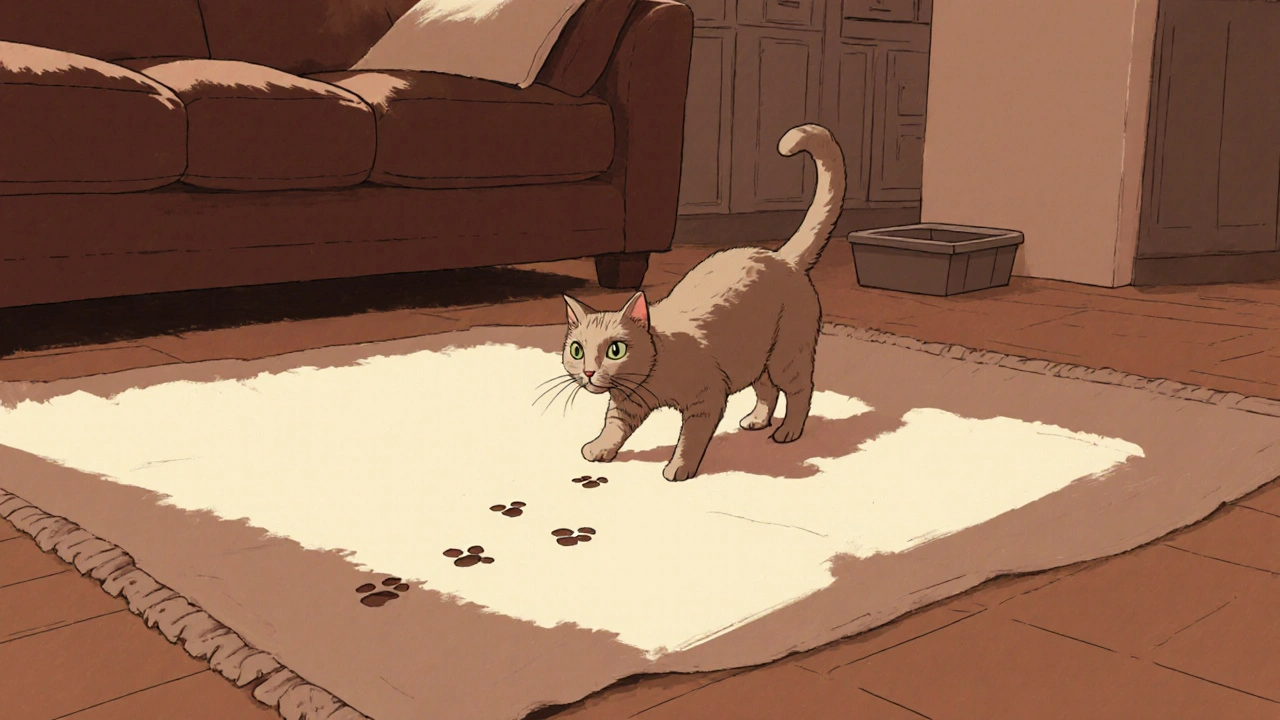Кошка осторожно исследует комнату после перестановки мебели, тени и запахи изменились.