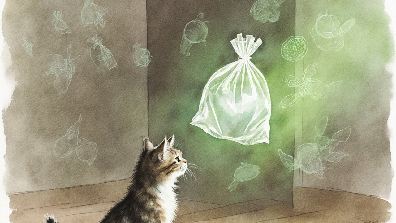 Кошка смотрит на шуршащий пластиковый пакет с ужасом.