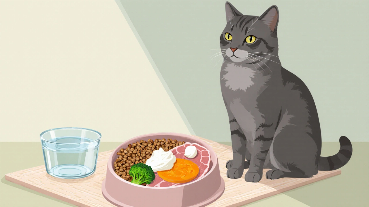Кот ест сбалансированную порцию: сухой корм, мясо, овощи и творог, рядом вода.
