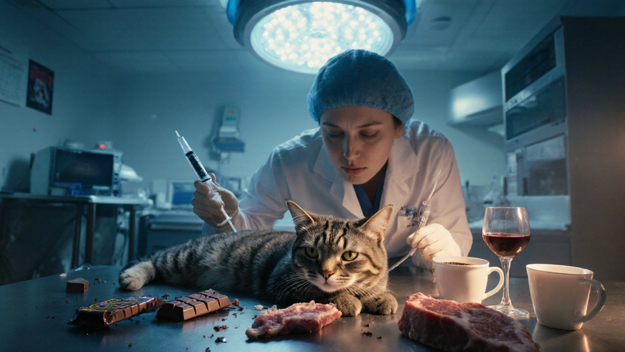 Кот на операционном столе в ветеринарной клинике, окружённый символами ядов: шоколад, вино, кофе.