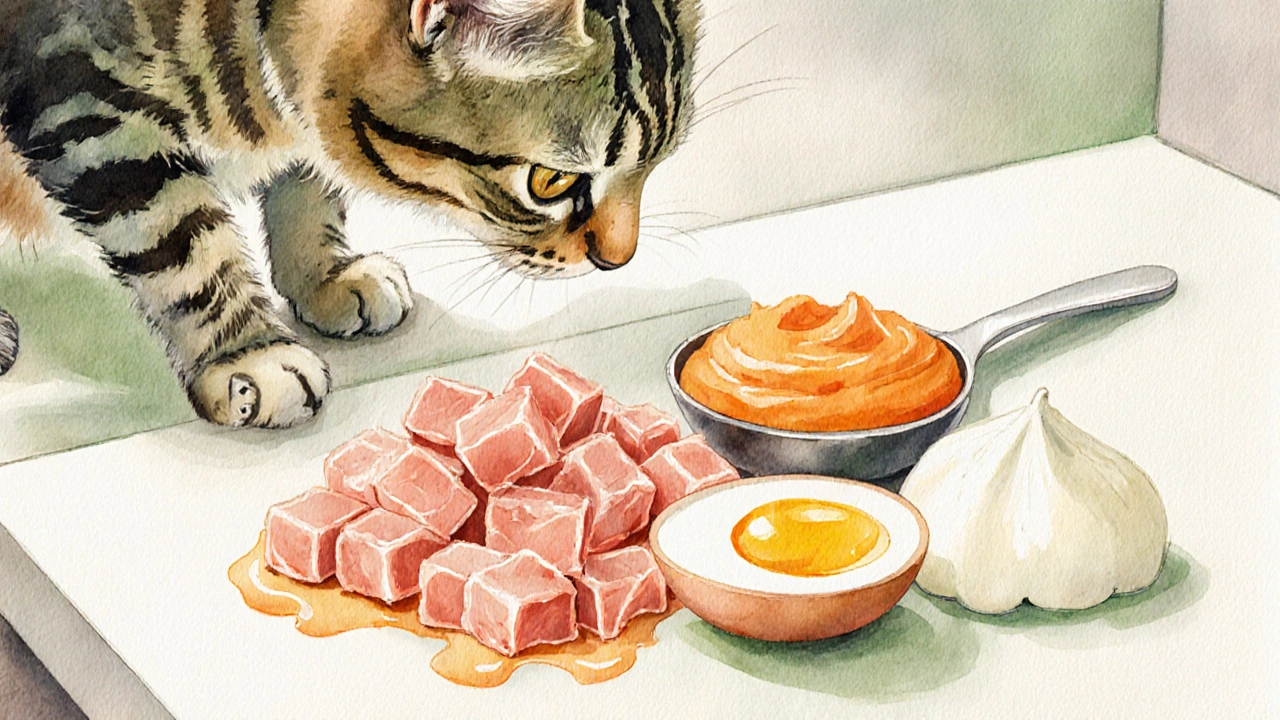 Кот наблюдает набор безопасных продуктов: курица, тунец, яйцо, тыква, творог.