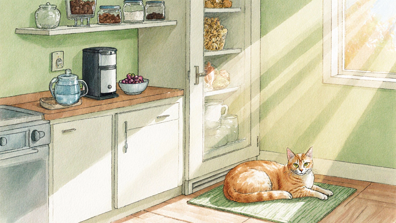 Кот в безопасной кухне: закрытая кладовка, одобренные лакомства и вода, спокойная атмосфера.