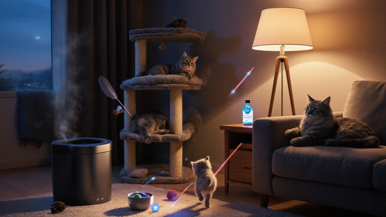 Кот в гостиной играет с лазером, рядом есть диффузор и препараты.