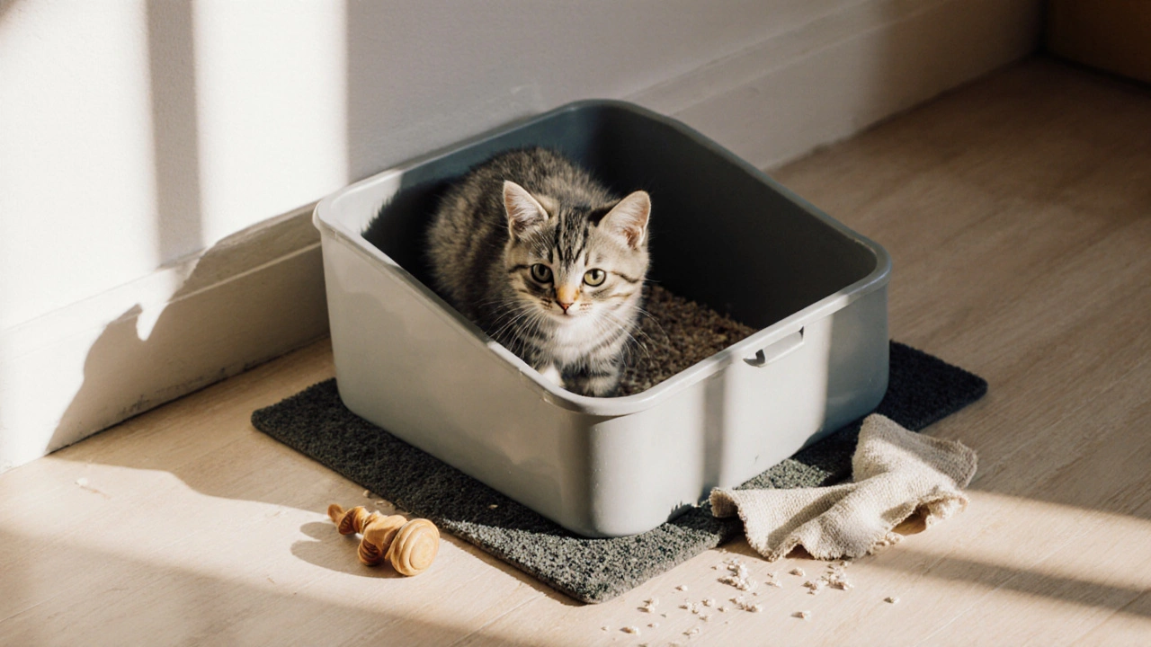 Котёнок использует лоток, рядом лежат игрушка и ткань с его запахом.