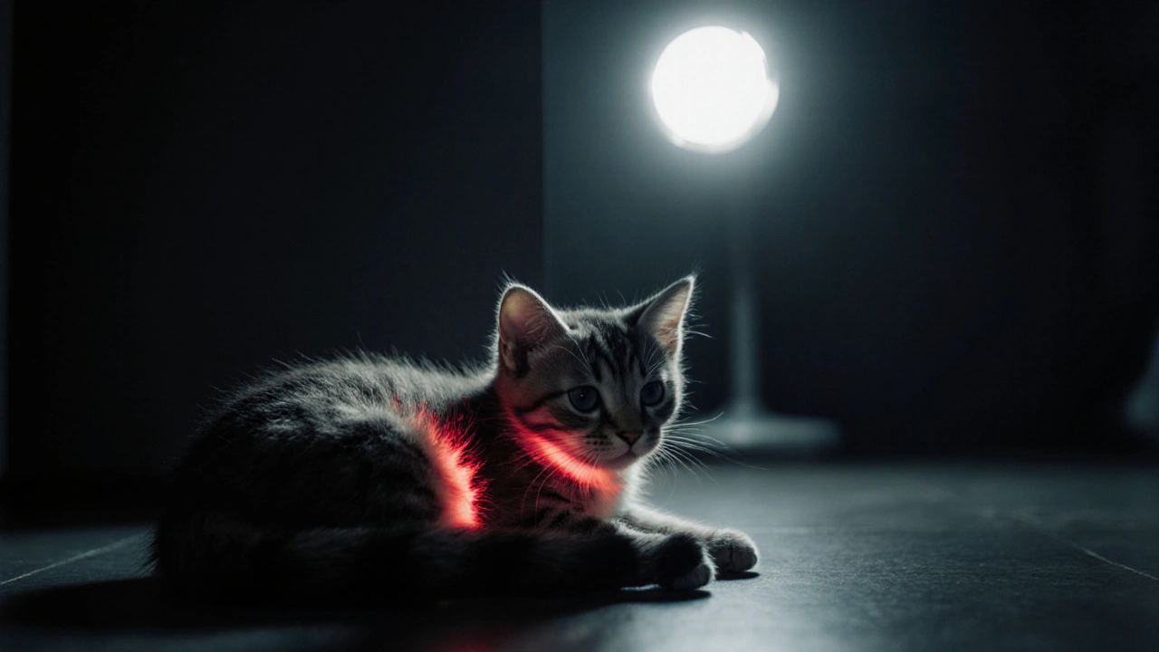 Котенок в стрессе, живот вздут, вокруг — предупреждающие красные линии, символизирующие опасность.