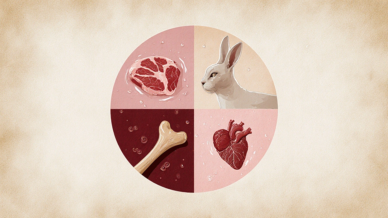 Круговая схема сбалансированного сырого рациона для кошки: мясо, кости и органы в пропорциях 80/10/10.