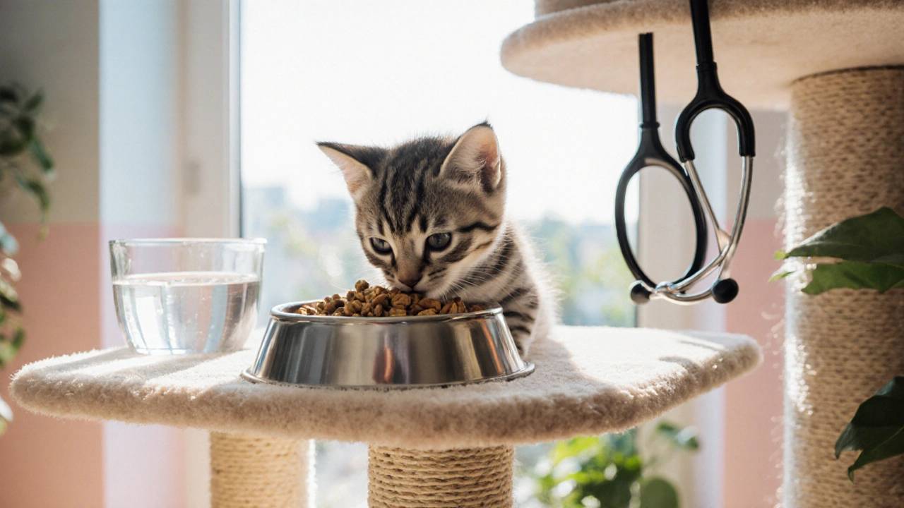 Подросший котёнок ест сухой корм, играет, рядом вода и ветврач.
