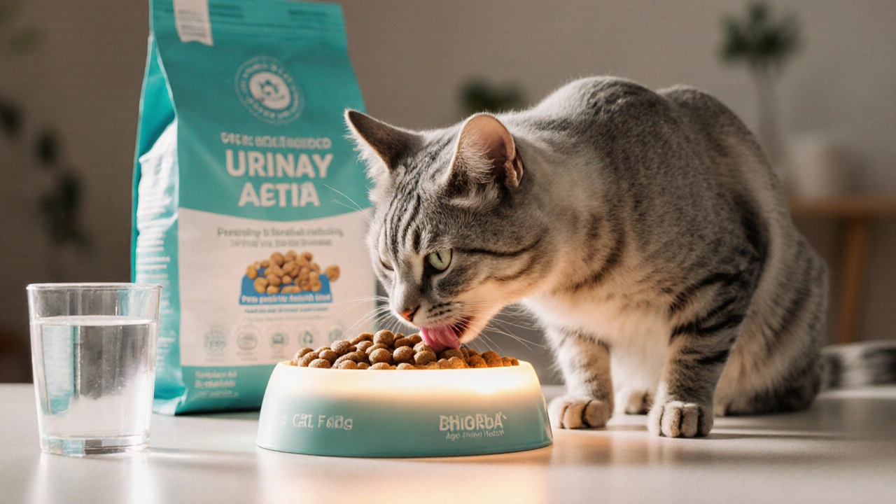 Пожилая кошка ест специальный корм для здоровья мочевыводящих путей, рядом — стакан воды и упаковка с пометкой ветеринара.