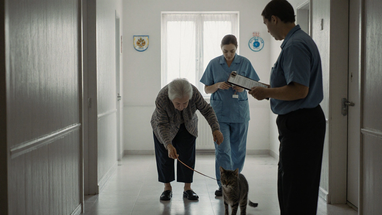 Пожилая женщина хочет погладить кошку в доме престарелых, персонал останавливает.