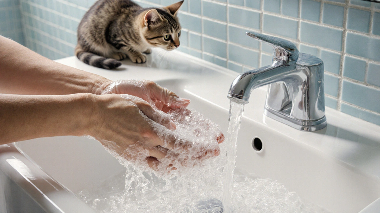 Руки моются под проточной водой рядом с любопытной кошкой.