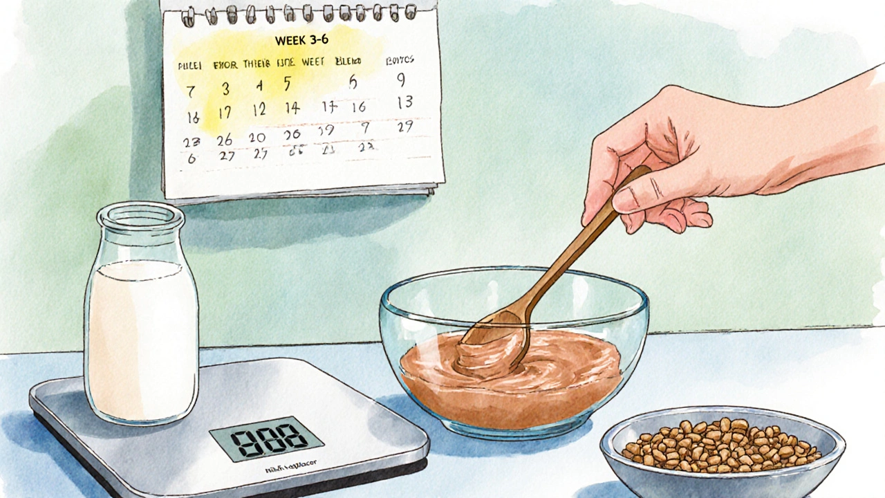 Сбалансированное кормление: молочный заменитель, влажный корм и сухой корм в мисках, весы и календарь.