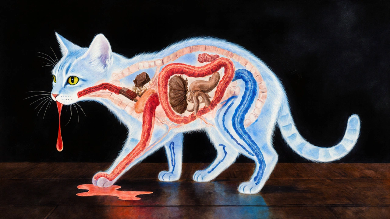 Схематичное изображение внутренних органов кошки с токсичными веществами, поражающими пищеварительную систему.