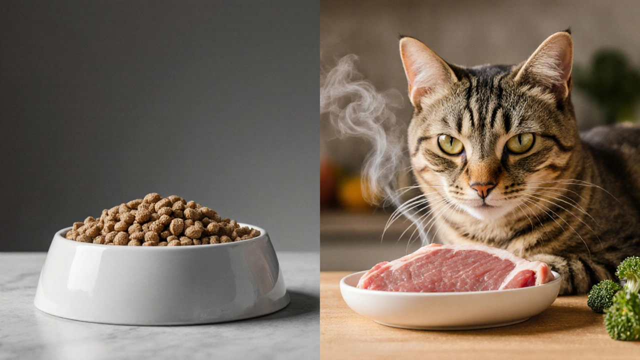 Сравнение кошки до и после перехода на сырую диету: слева — вялая, справа — активная и здоровая.