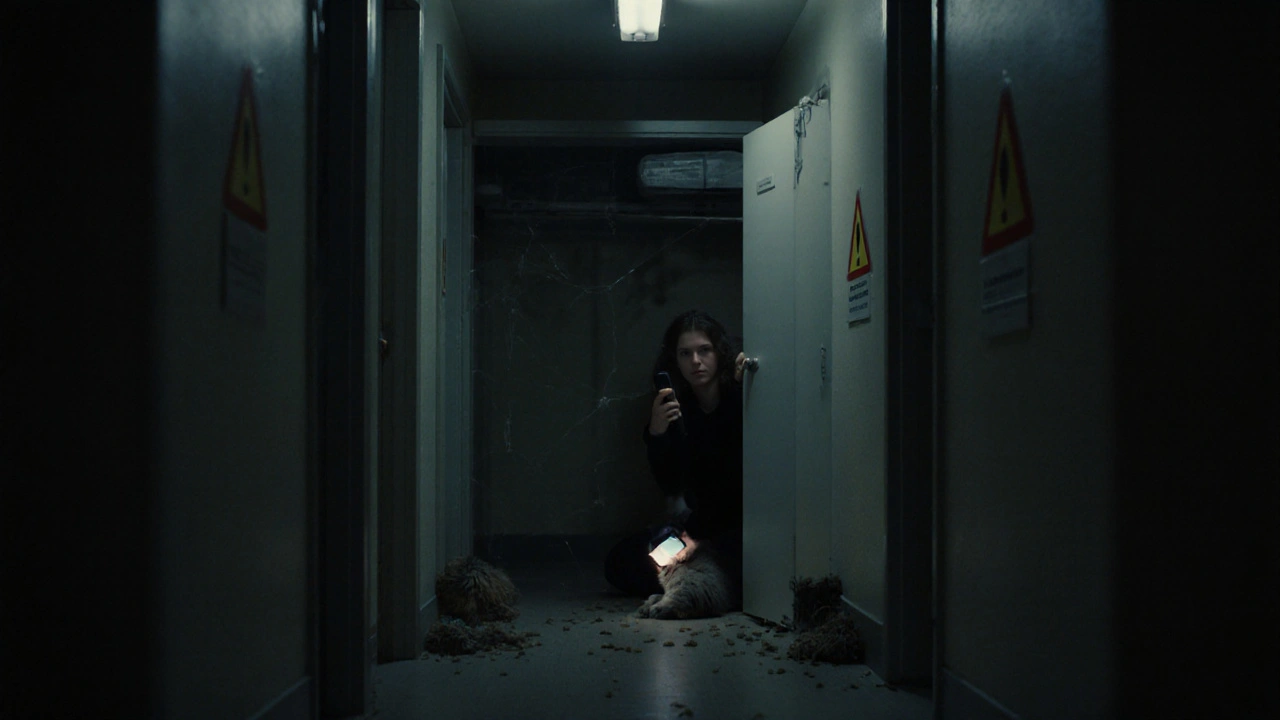 Студент прячет кошку в шкафу в общежитии, на полу разбросаны следы.