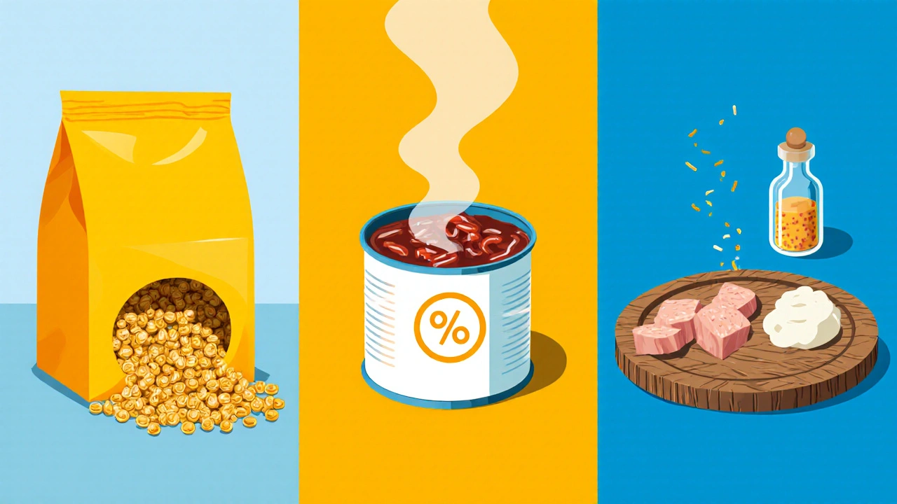 Три сцены, сравнивающие сухой корм, консервы и домашнюю пищу.