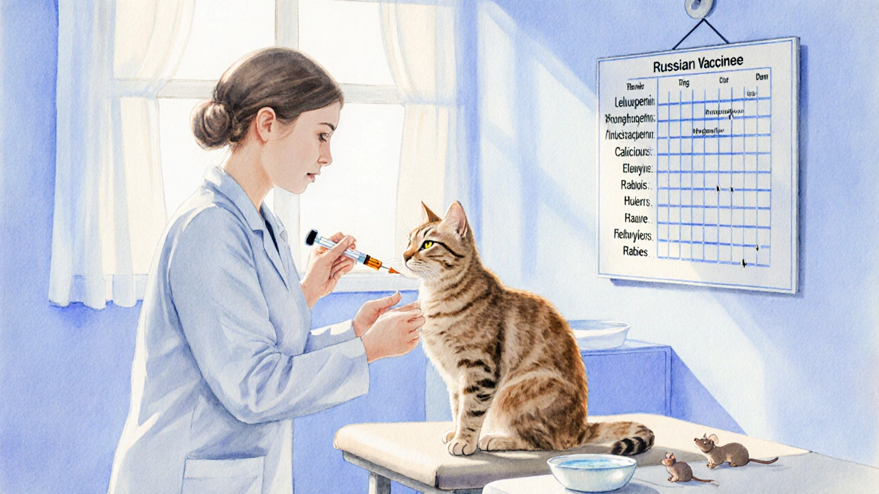 Ветеринар делает прививку коту в светлой приёмной.