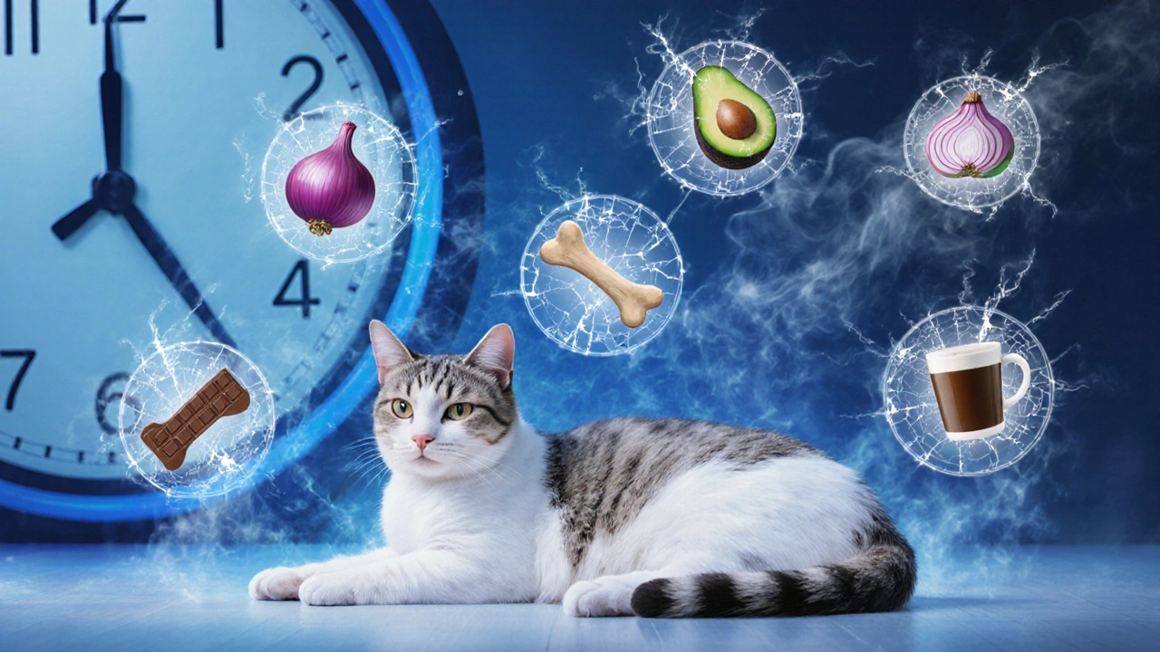 Больная кошка лежит в ветклинике, вокруг неё тают запрещённые продукты.