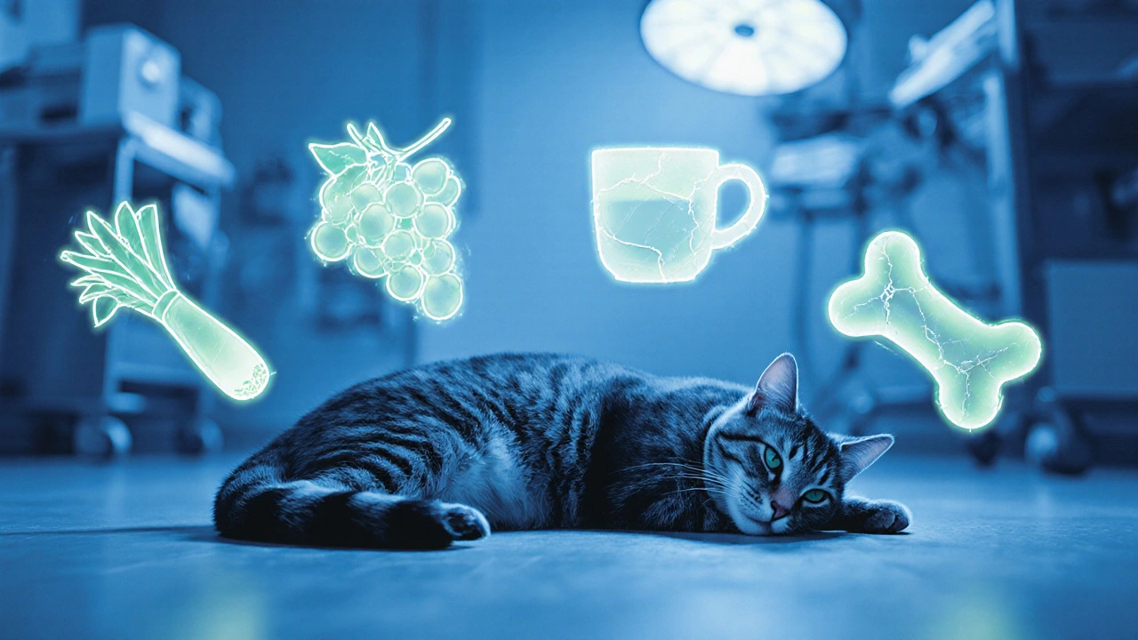 Больная кошка на полу ветеринарной клиники, вокруг неё светящиеся символы запрещённых продуктов.