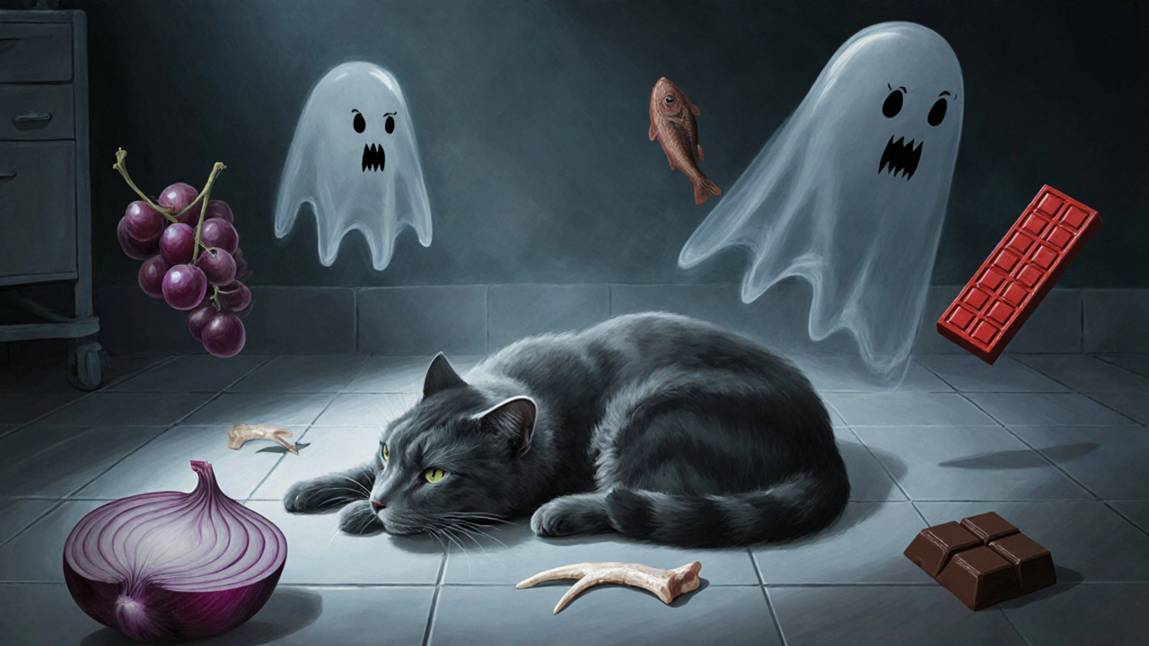 Больная кошка на полу ветклиники, вокруг неё парят опасные продукты.