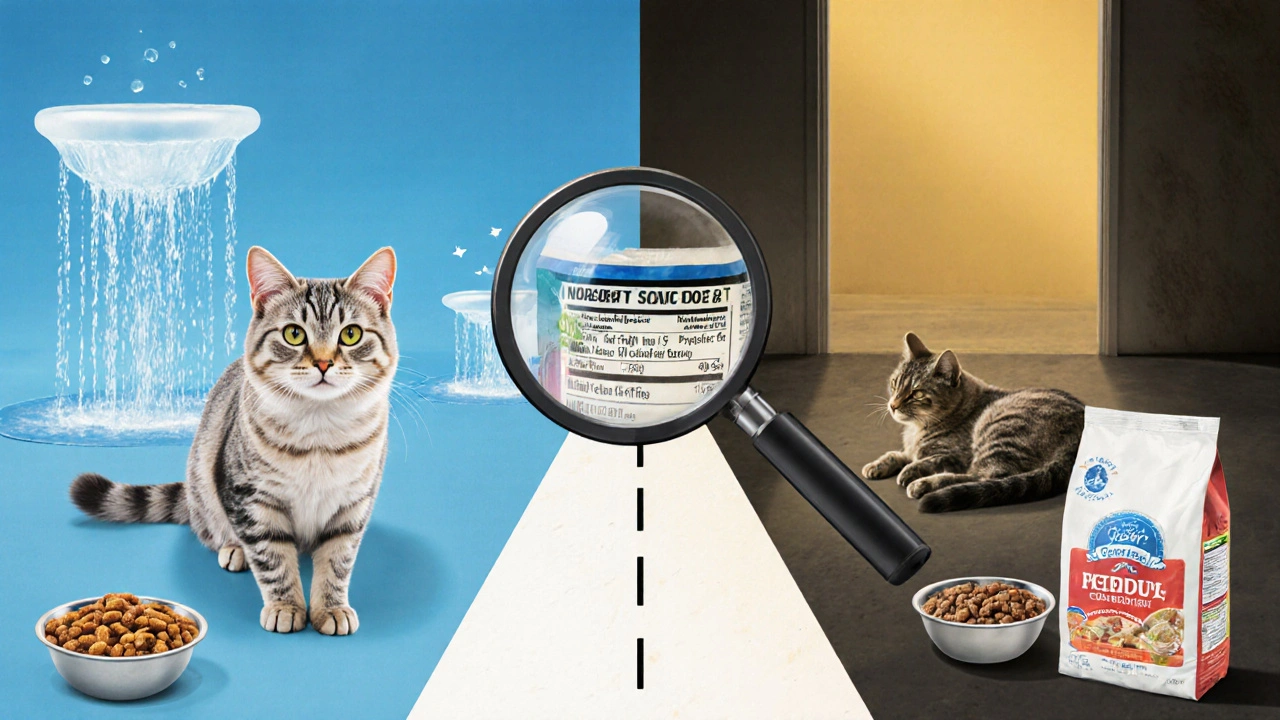 Два пути жизни кошки: один — здоровый и активный, другой — вялый и больной, с визуальным сравнением корма.