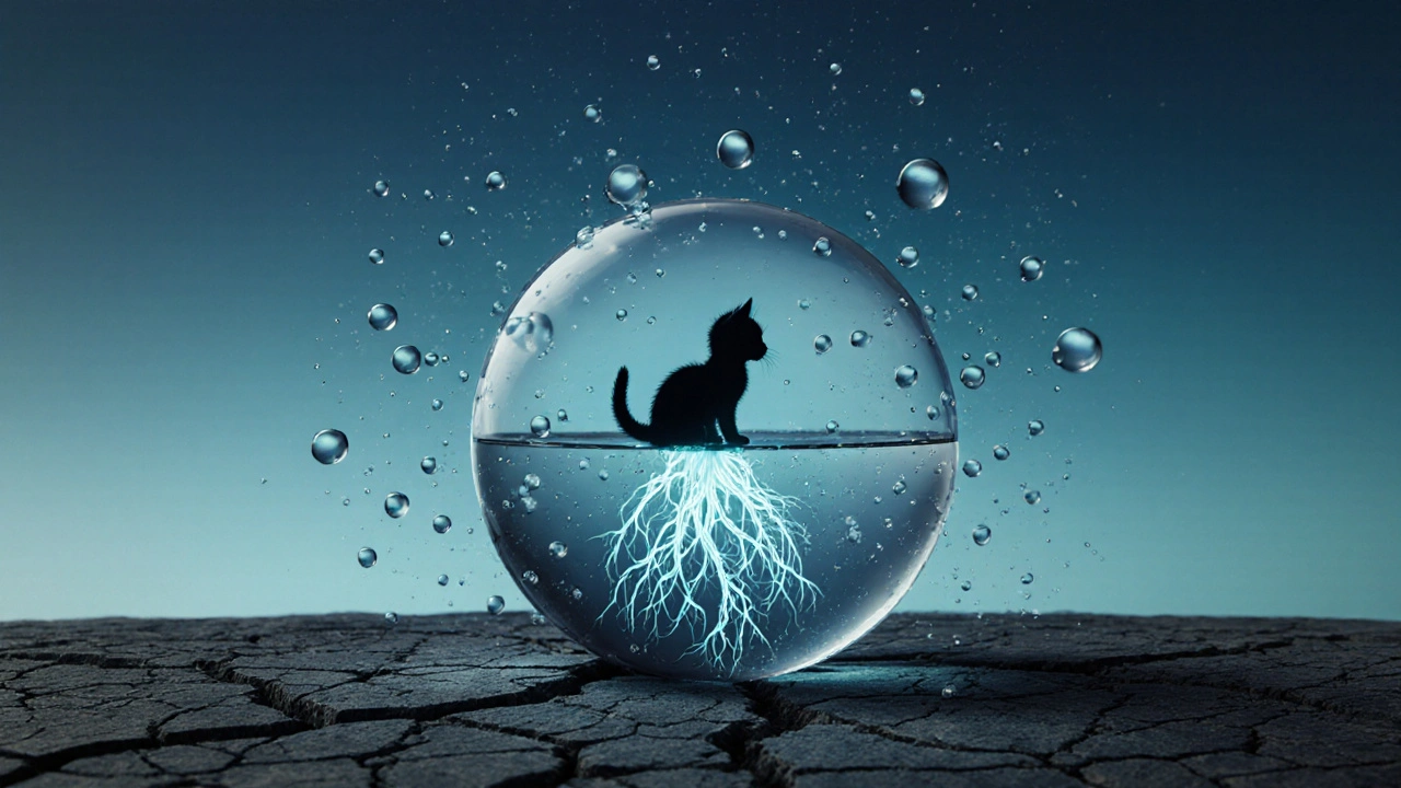 Хрупкий котенок внутри сферы, окруженной каплями воды, над засохшей землей — символ гидратации и выживания.