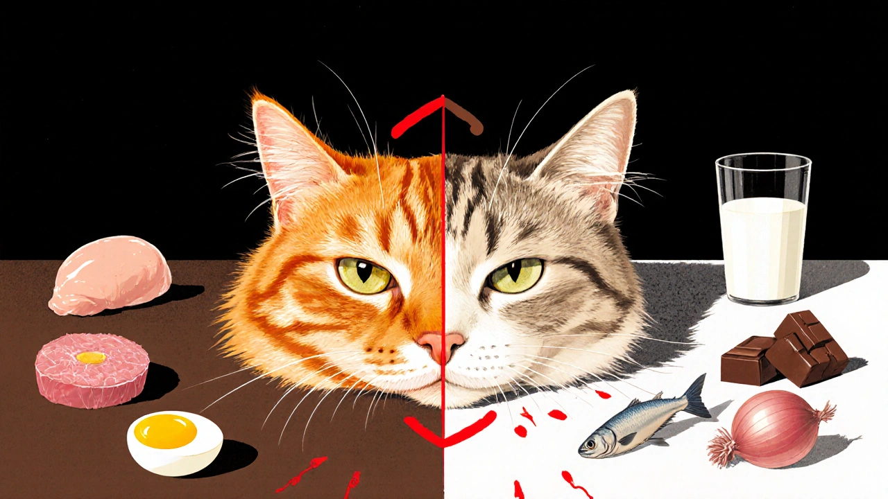 Контраст: здоровая кошка с безопасной едой слева, больная кошка с опасными продуктами справа.