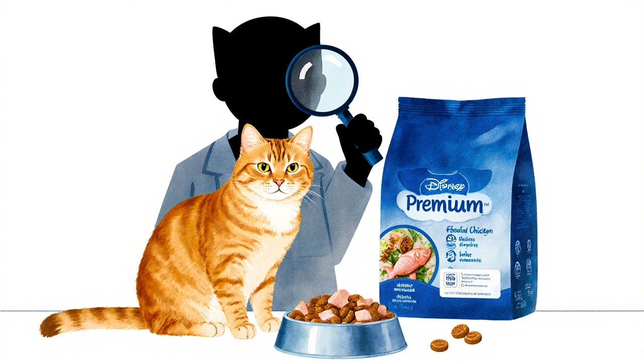 Кошка ест корм с видимыми кусочками мяса, позади — тень с лупой над упаковкой с кукурузой и мукой.