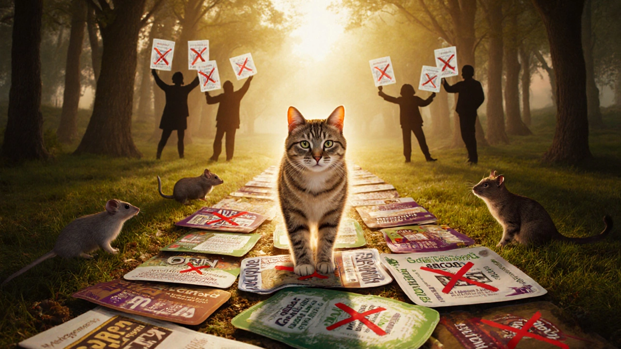 Кошка идет по дороге из этикеток корма к лесу, где ее ждет добыча, символизируя естественное питание.