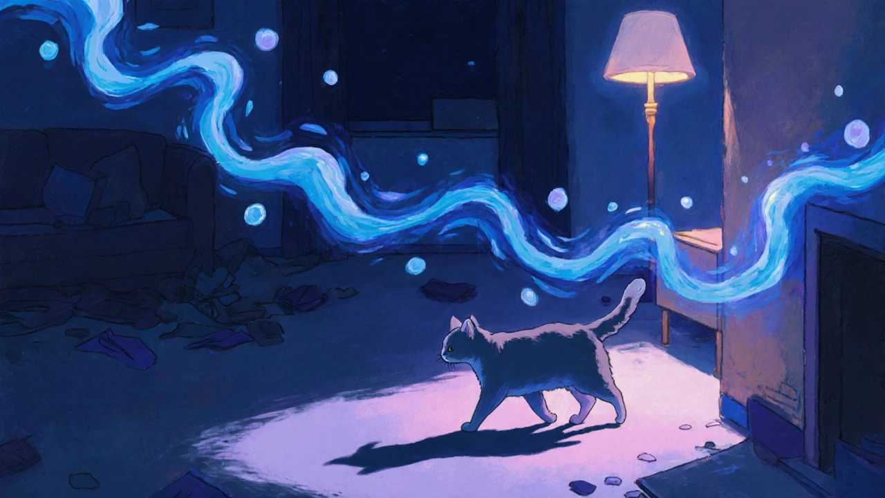 Кошка идет по комнате ночью, вокруг нее — мягкие волны спокойствия.