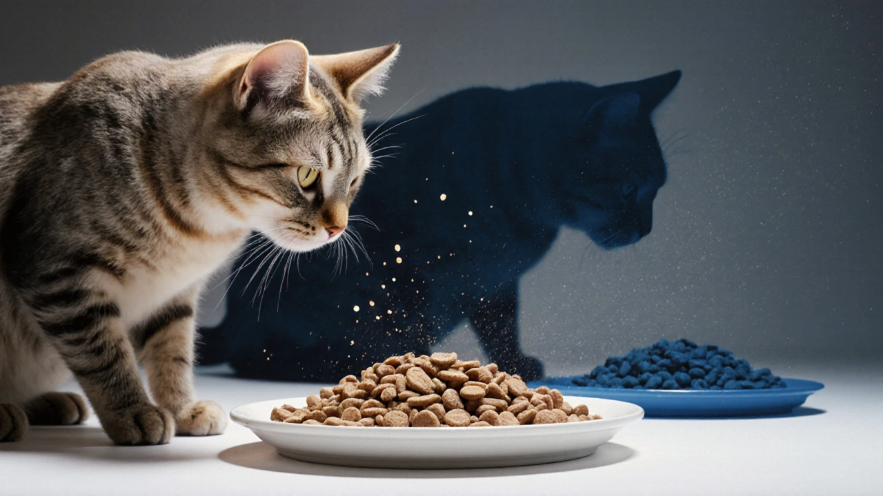 Кошка колеблется между старым и новым кормом, свет разделяет два состояния питания.