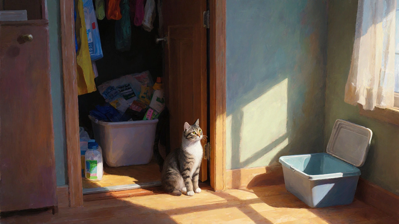 Кошка колеблется у спрятанного лотка, в то время как чистый лоток виден на свету.