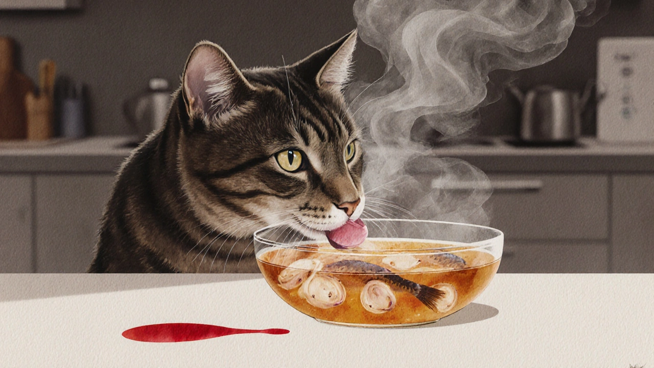 Кошка лизает бульон с видимыми частичками лука и чеснока.