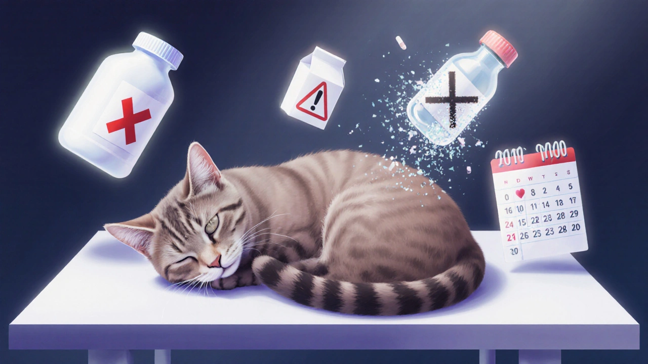 Кошка на осмотре у ветеринара, вокруг неё плавают запрещённые предметы: таблетки, молоко, средство от блох.