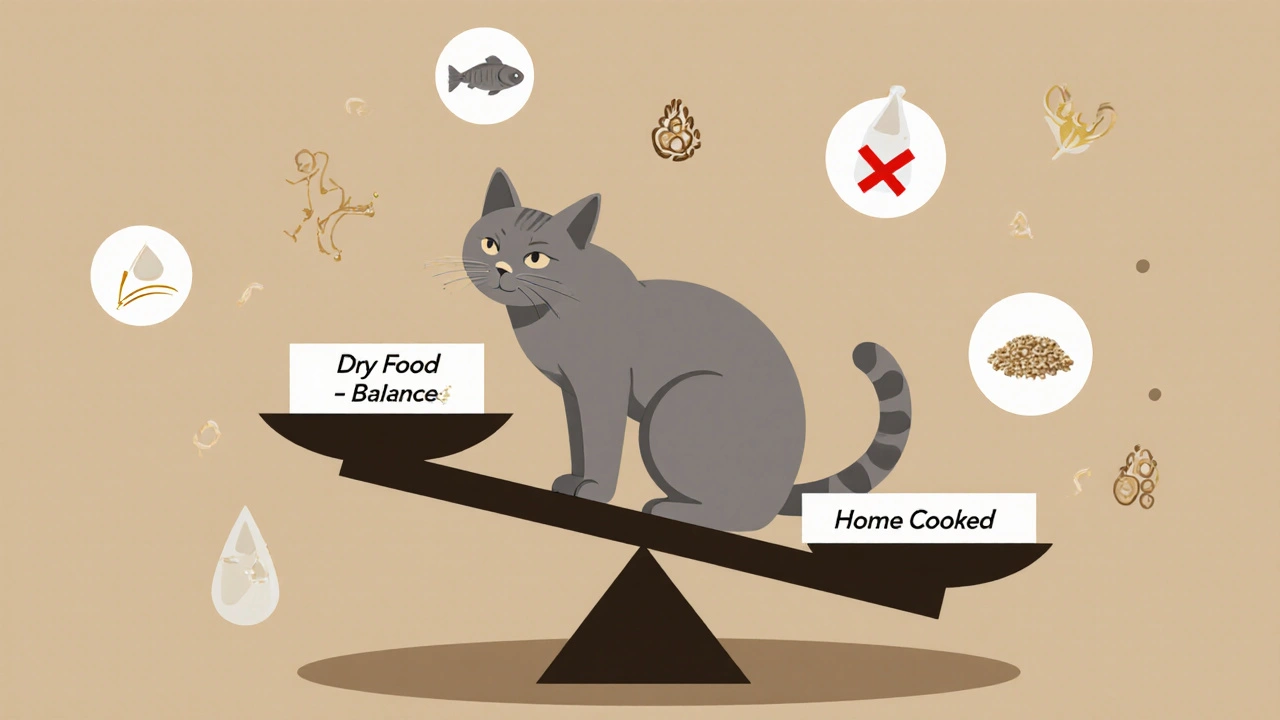 Кошка на весах, где одна сторона — сбалансированный корм, другая — домашняя еда с опасными символами.