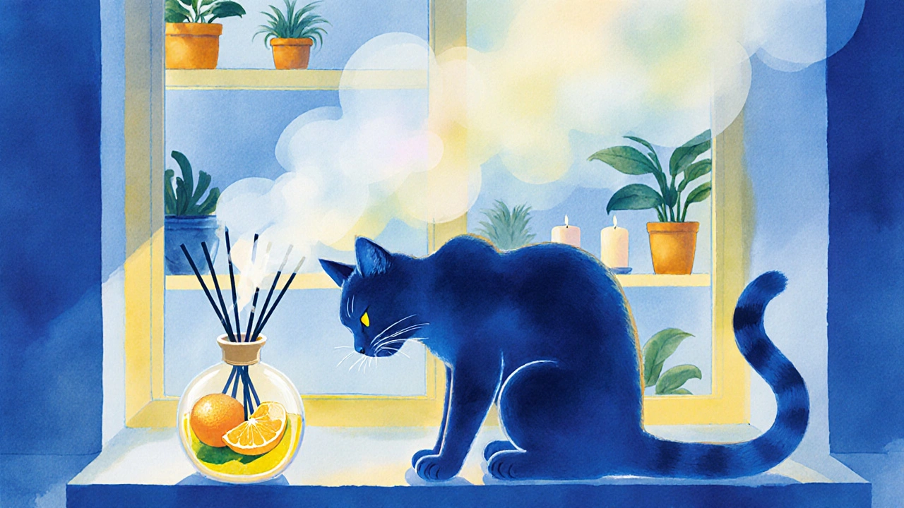 Кошка отступает от аромадиффузора с цитрусовым запахом.