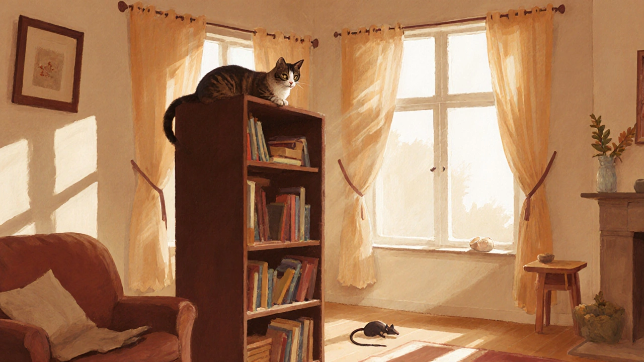 Кошка сидит на верхней полке книжного шкафа, смотрит вниз с уверенностью.