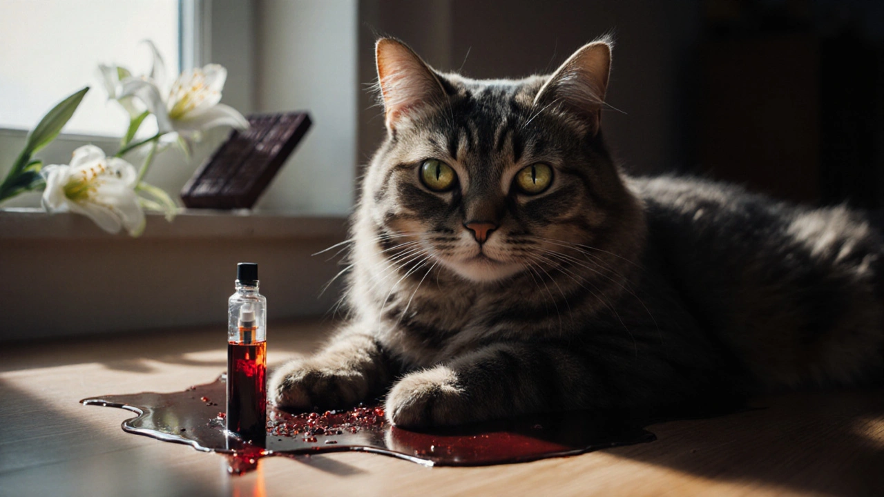 Кошка слизнула жидкость из электронной сигареты, вокруг — токсичные растения и шоколад.