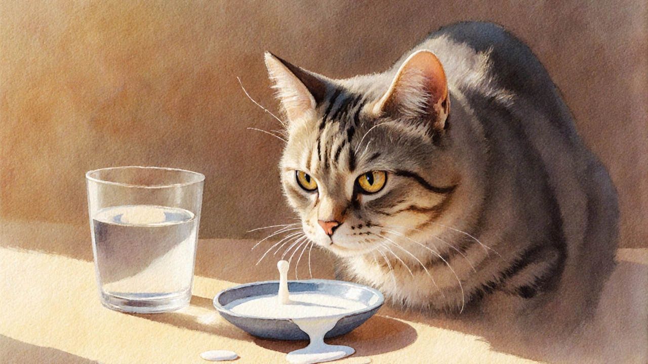 Кошка смотрит на молоко, рядом — стакан воды, символизируя выбор между безопасным и опасным.