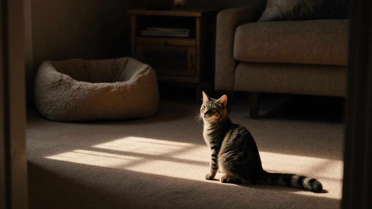 Кошка смотрит на переставленную мебель, сохранив лишь одну знакомую лежанку.