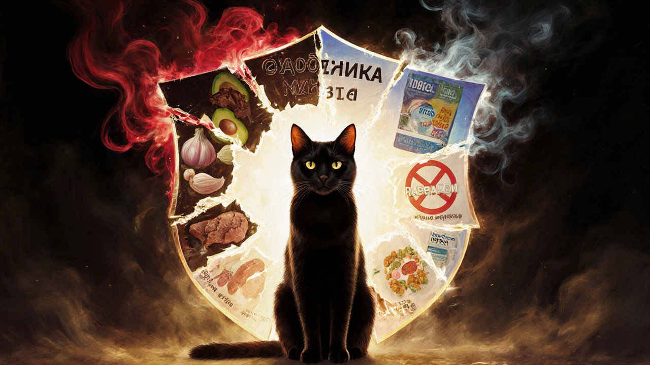 Кошка стоит на фоне щита: с одной стороны — запрещённые продукты, с другой — безопасная еда.