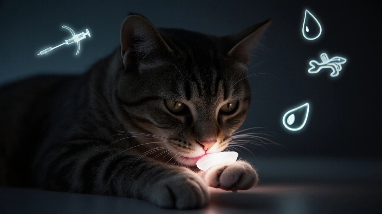 Кошка вылизывает ветеринарный гель с лапы, вокруг — символы восстановления.