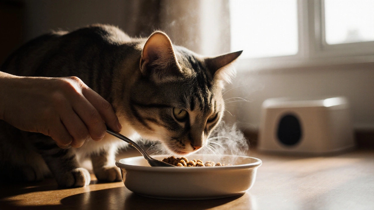 Кот ест влажный корм из керамической миски, рядом рука человека, поднимающийся пар.