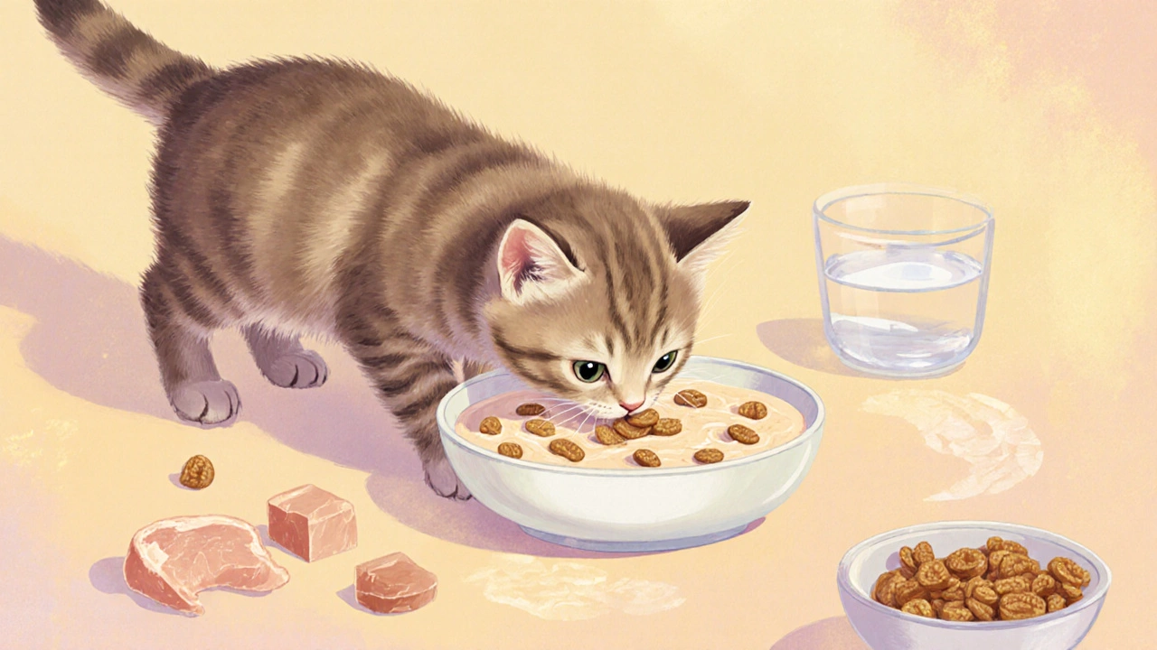 Котёнок ест размоченный корм для котят из миски с кусочками курицы