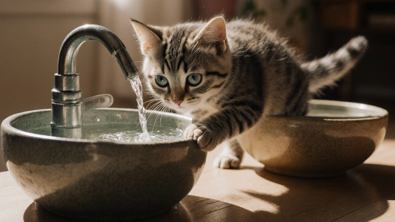 Котёнок играет с бегущей водой в поилке, игнорируя стоячую.